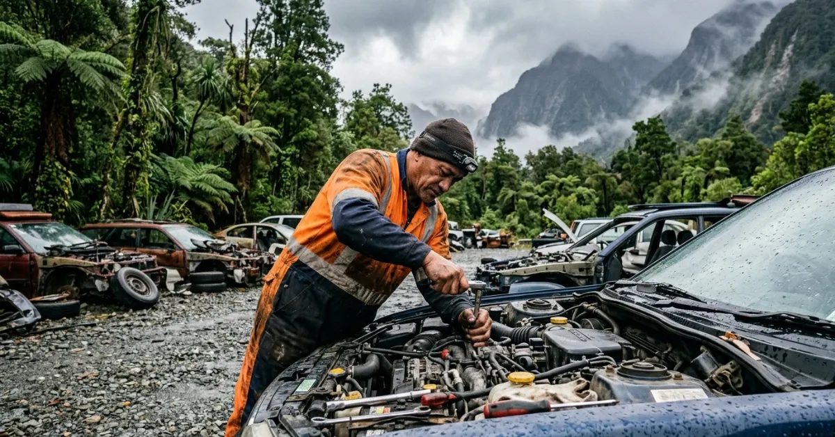 Car Wreckers West Coast scrapyard with tire stacks and mountain background.