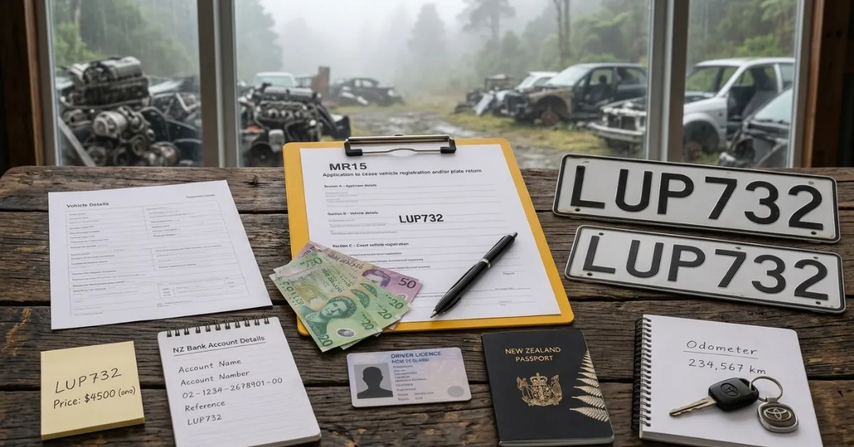 Car Wreckers West Coast NZ ownership transfer forms, cash, and license plates.