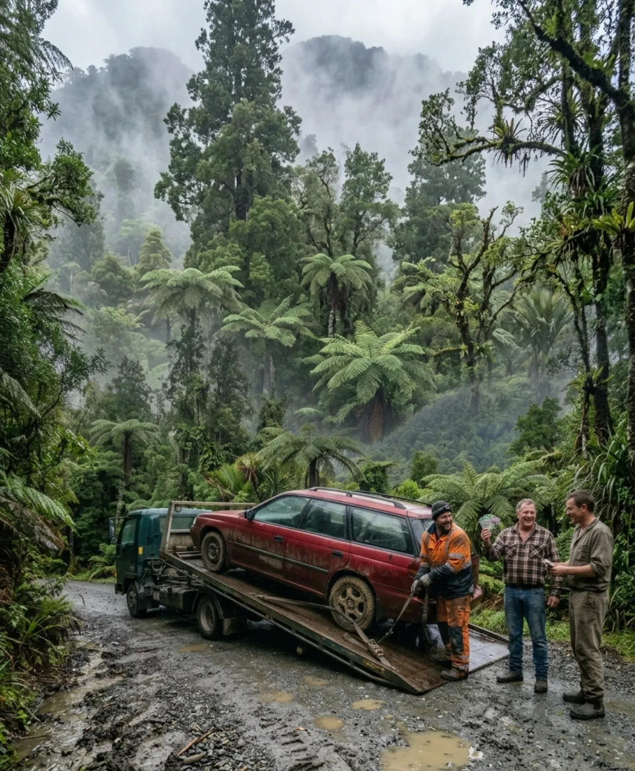 Car Wreckers West Coast winching a muddy car with cash exchange in the rainforest.