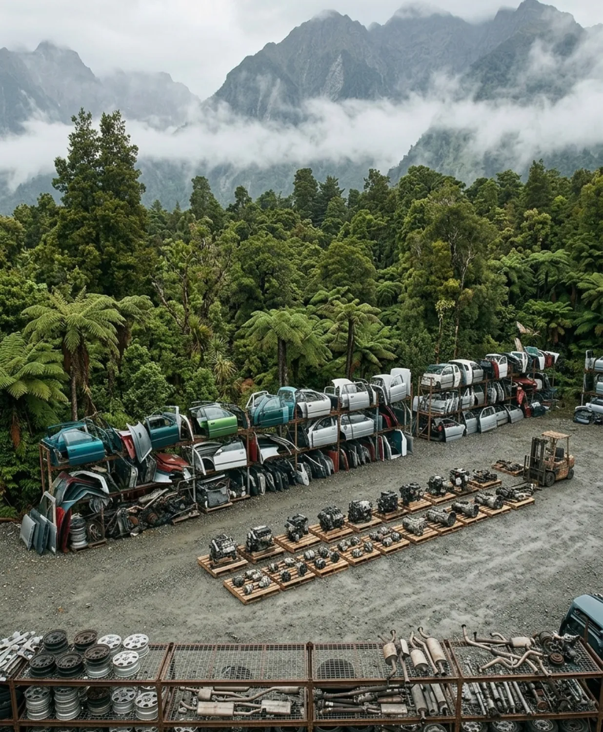 Car parts salvage yard in a misty mountain rainforest with a forklift.